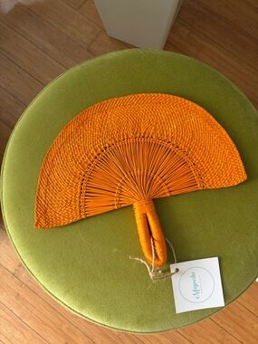 Handwoven Orange Straw Fan